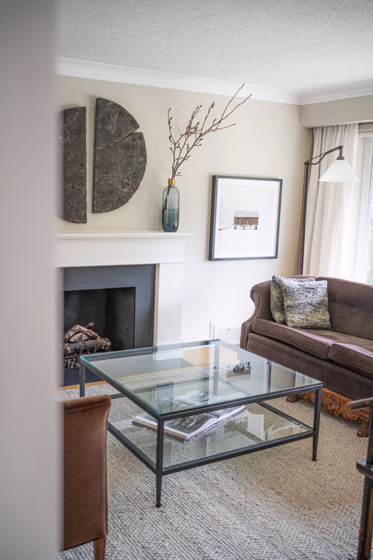 Renovated living room with a fireplace