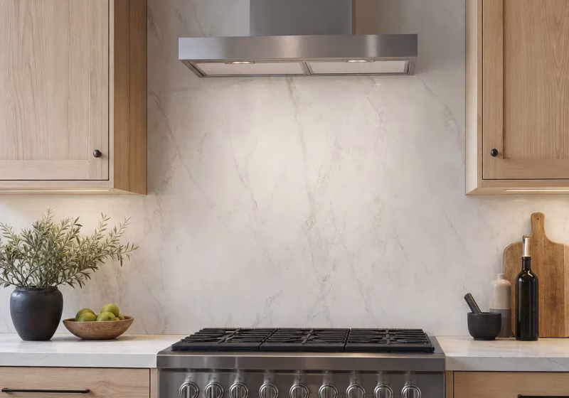 full height slab look backsplash behind range 717