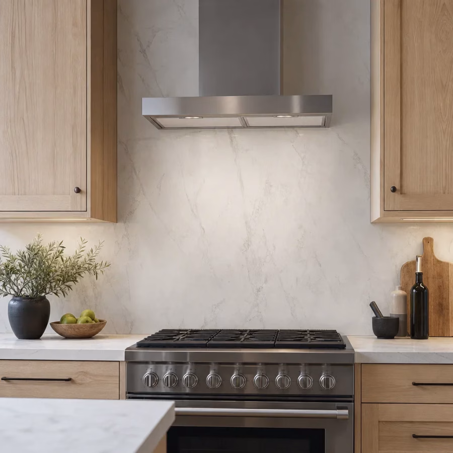 full height slab look backsplash behind range 717