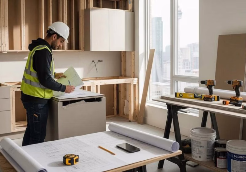 home renovation scene in toronto with a construction worker reviewing blueprints in a kitchen 11aefdf7 9716 4765 b60e 8d10d1c11315 1024x576 1