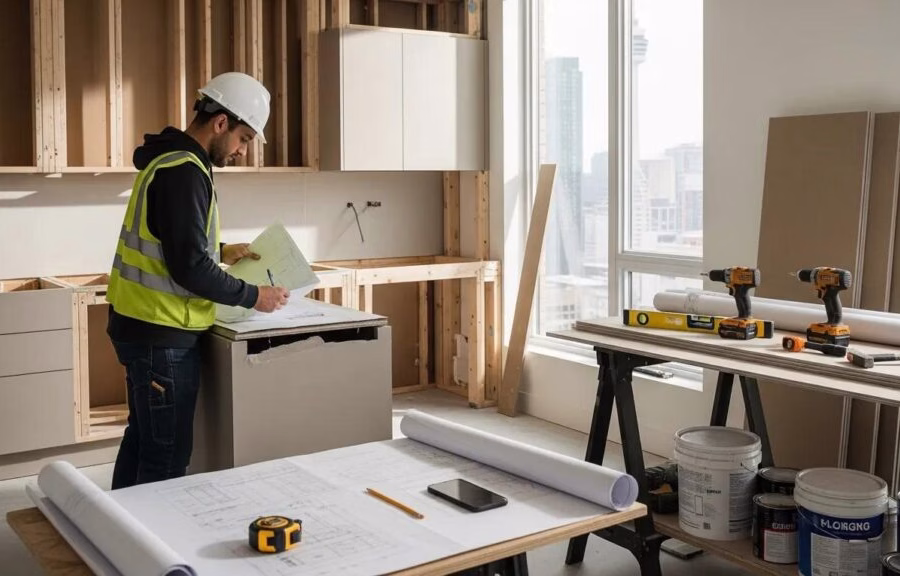 home renovation scene in toronto with a construction worker reviewing blueprints in a kitchen 11aefdf7 9716 4765 b60e 8d10d1c11315 1024x576 1