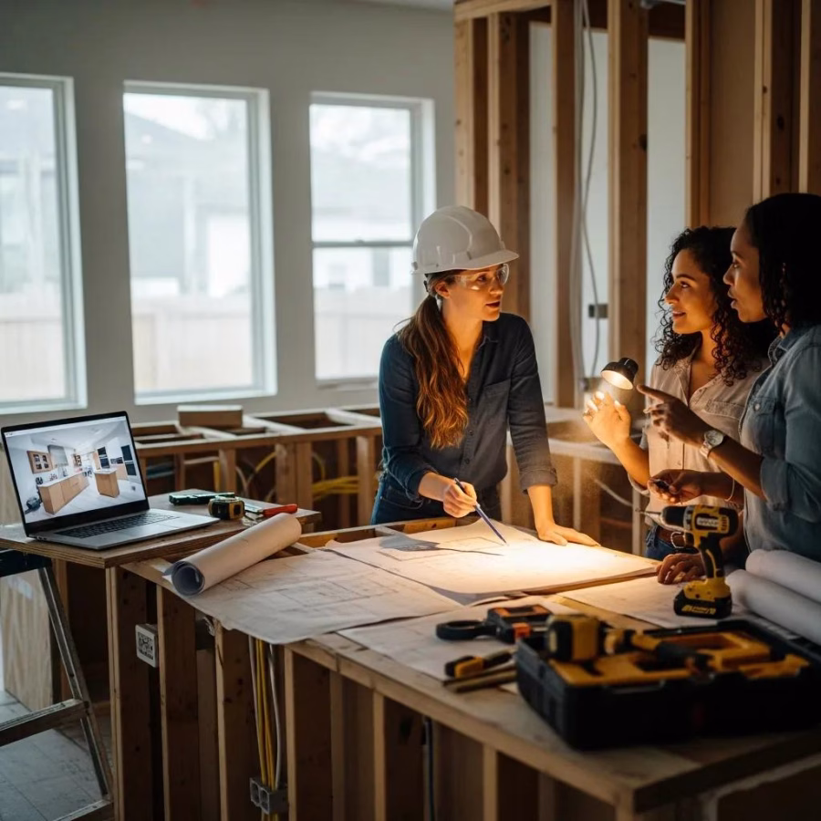 homeowners consulting with a design build contractor during a kitchen renovation 6b11c334 8f79 4010 b272 c285009b85cc