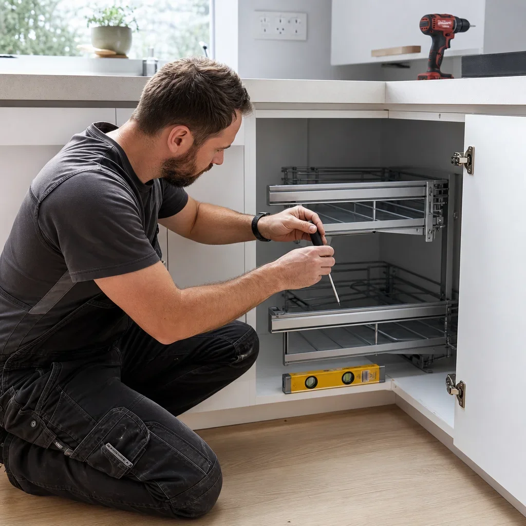 An installer fitting a blind corner organizer into a base cabinet.