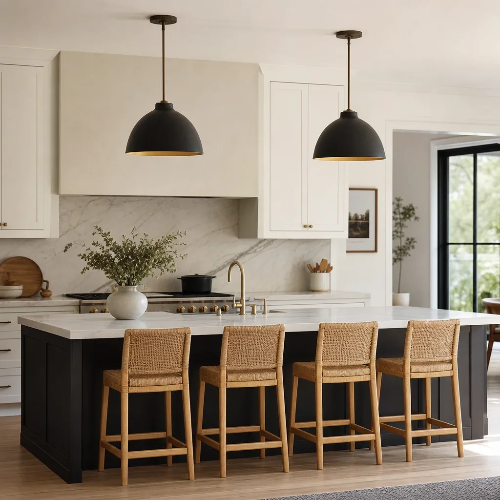 Two pendant lights hung at the correct height over a kitchen island.
