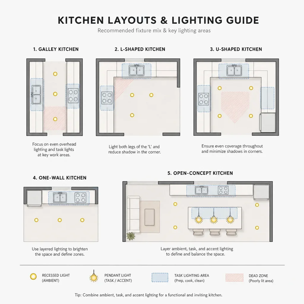 A diagram comparing recommended lighting layouts for five kitchen shapes.