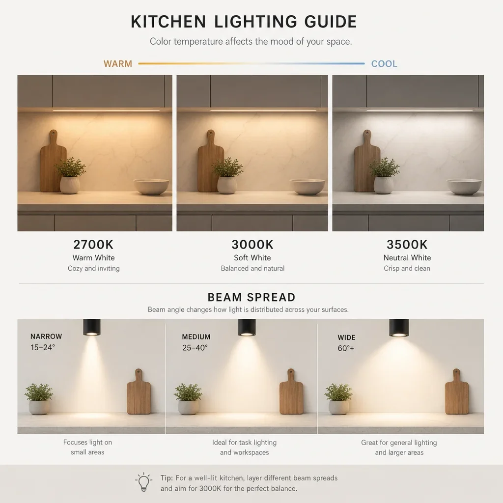 A diagram comparing kitchen light color temperatures and beam angles.