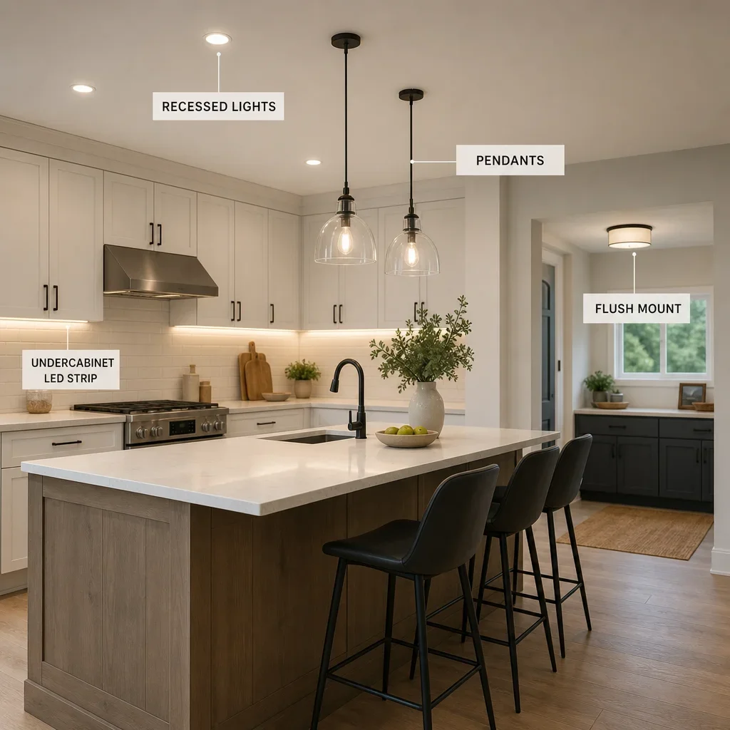 A kitchen showing different light types used in their appropriate locations.