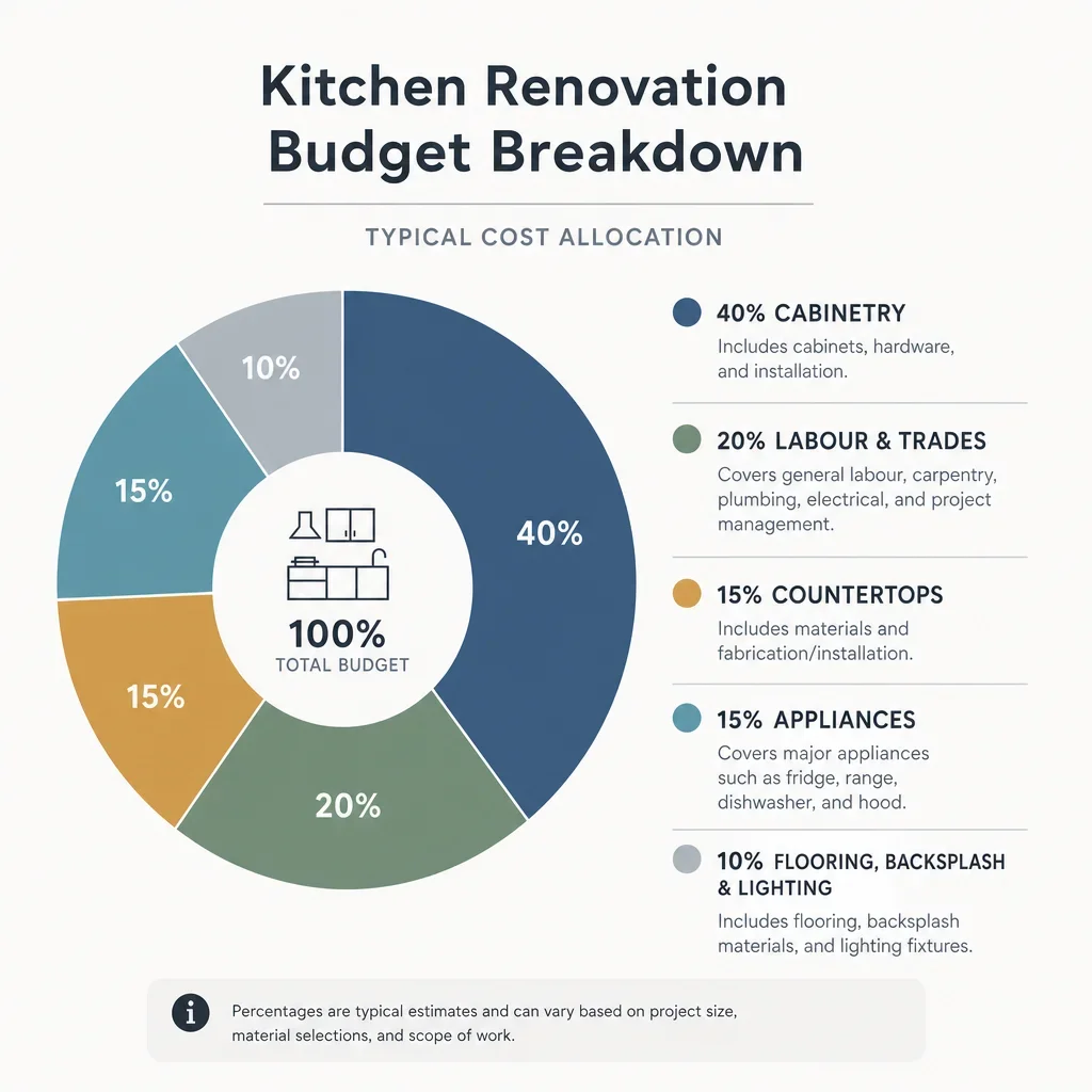 A simple chart showing how kitchen renovation budget is divided among major components.