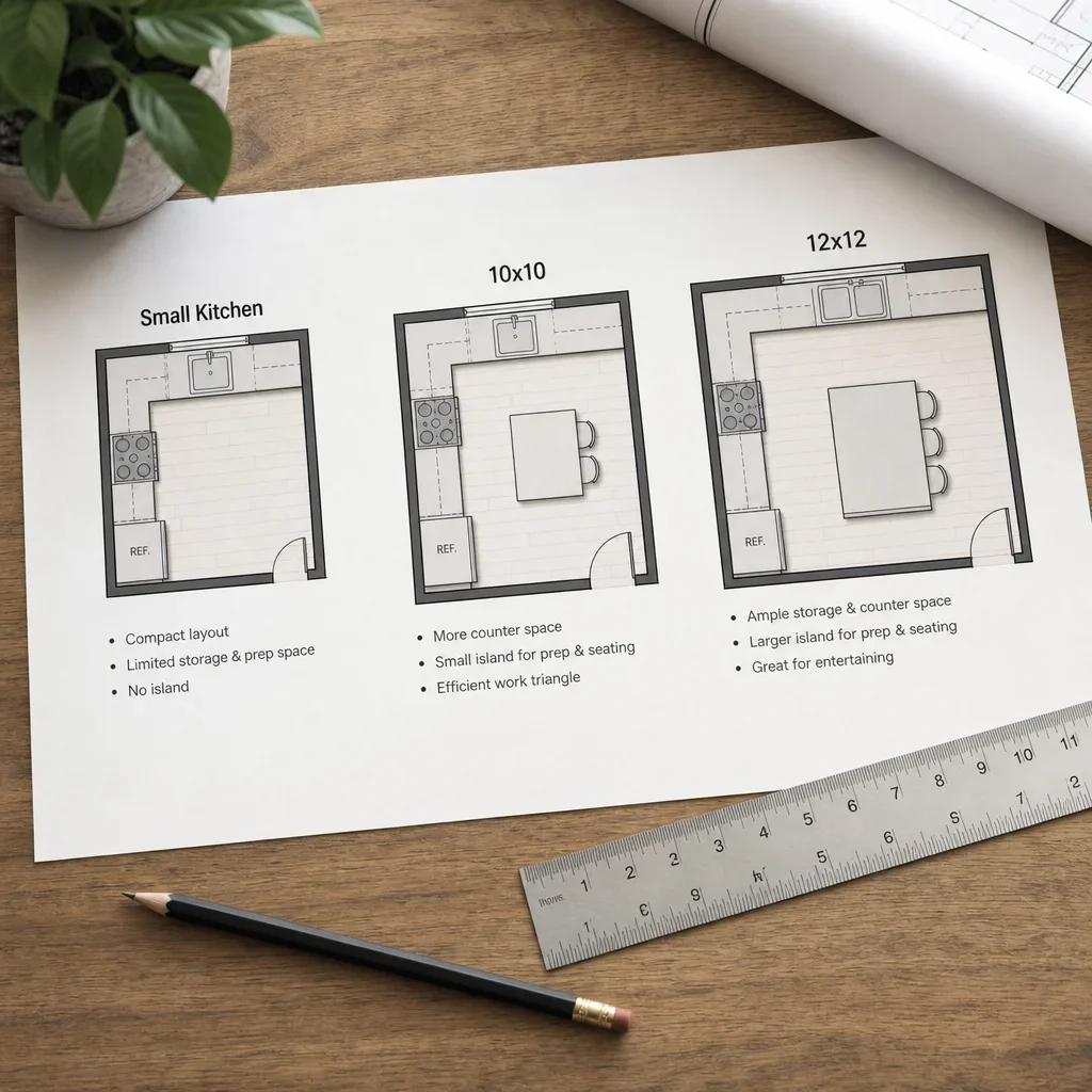 Three kitchen floor plan examples showing small, 10x10, and 12x12 layouts.