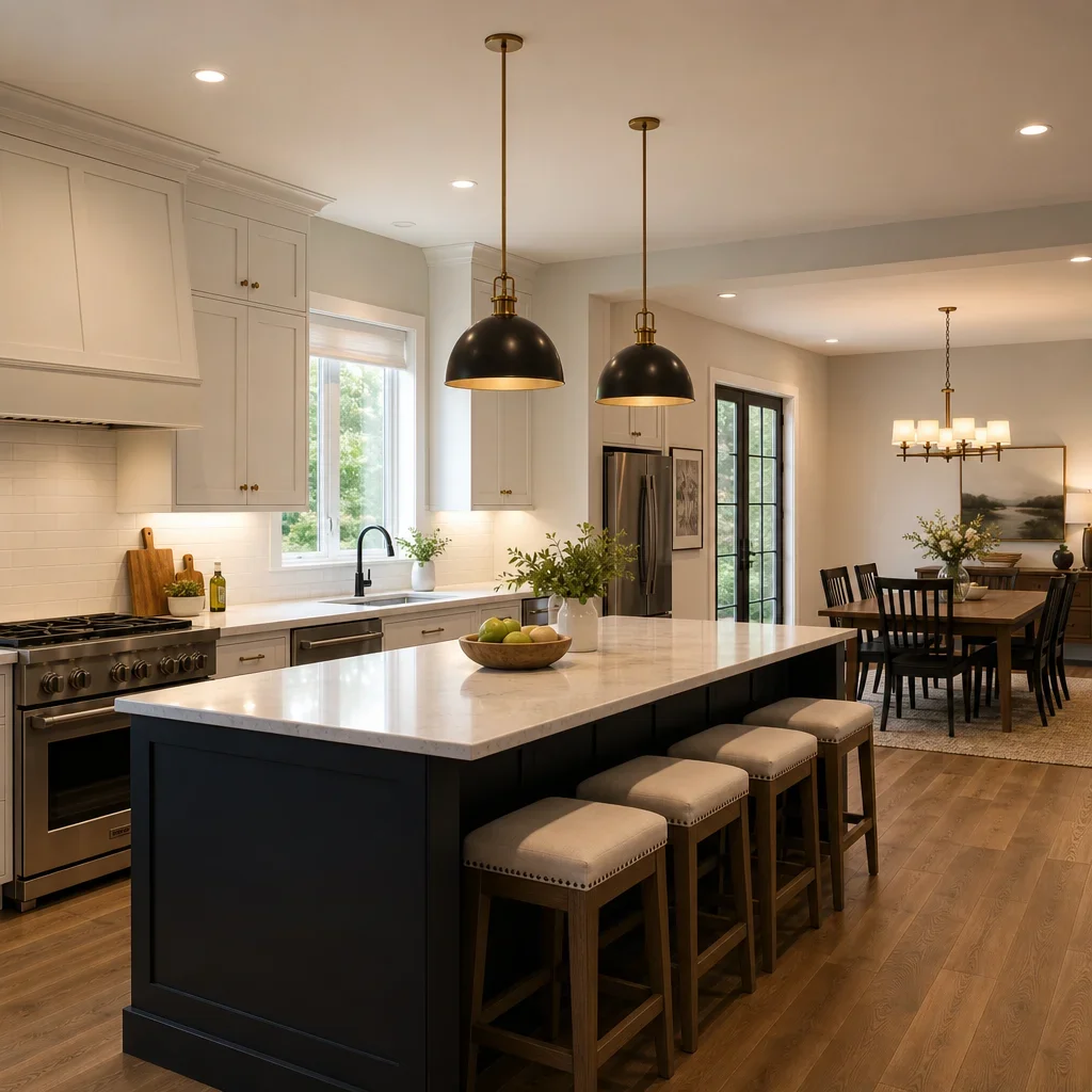 A kitchen with separate lighting for the prep counter, sink, island, and dining area.