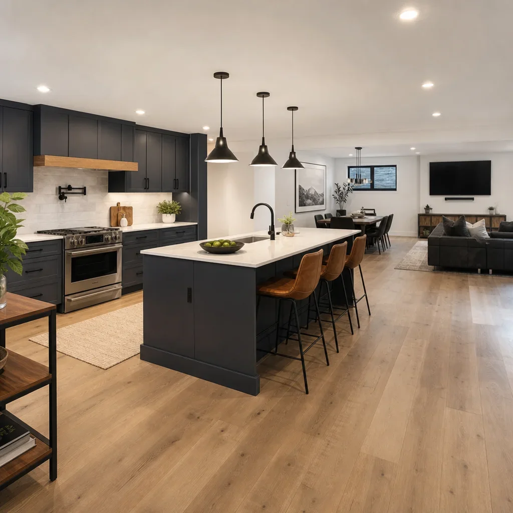 A large basement kitchen with an L-shaped layout and island.