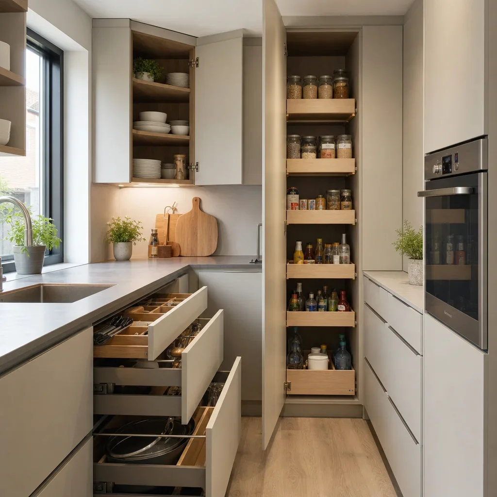 A compact kitchen showing tall cabinets, deep drawers, and pantry storage.