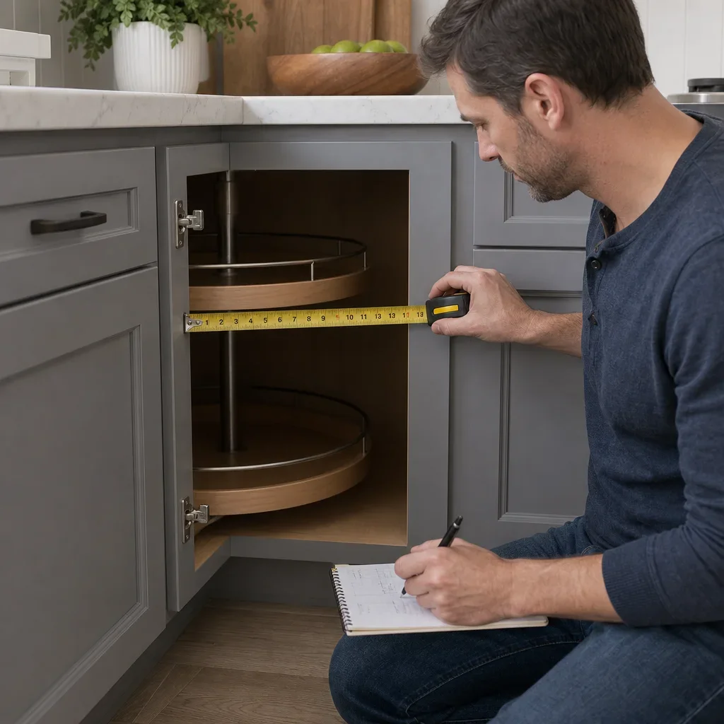 A person measuring a blind corner cabinet opening with a tape measure.