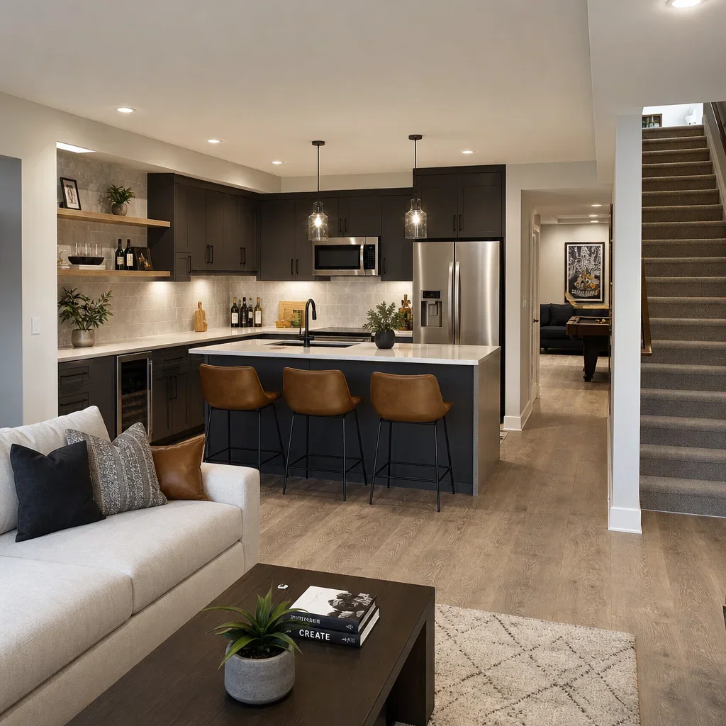 A medium basement kitchen with an L-shaped layout and peninsula.