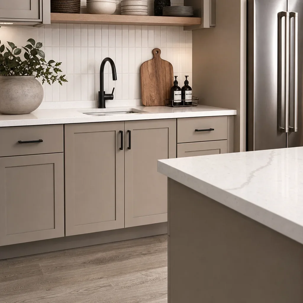 A close-up of modern basement kitchen materials and finishes.