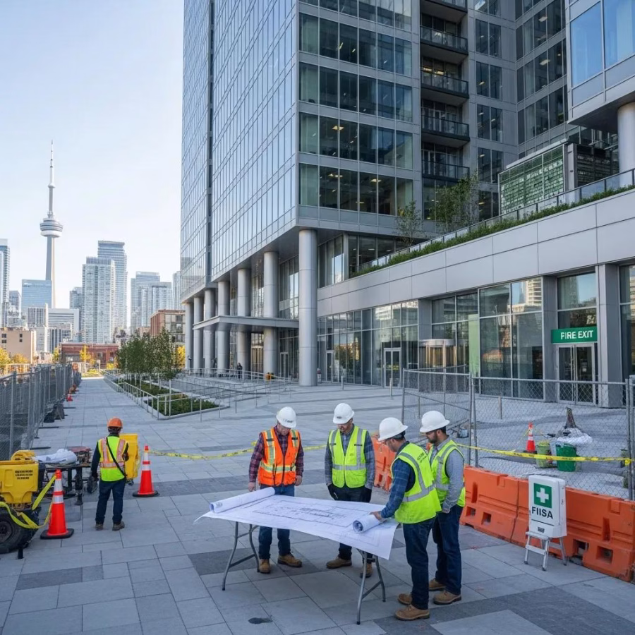 modern commercial building in toronto with construction workers discussing plans and blueprints 44b6b9a0 a07b 4257 b2f8 0153b601e716