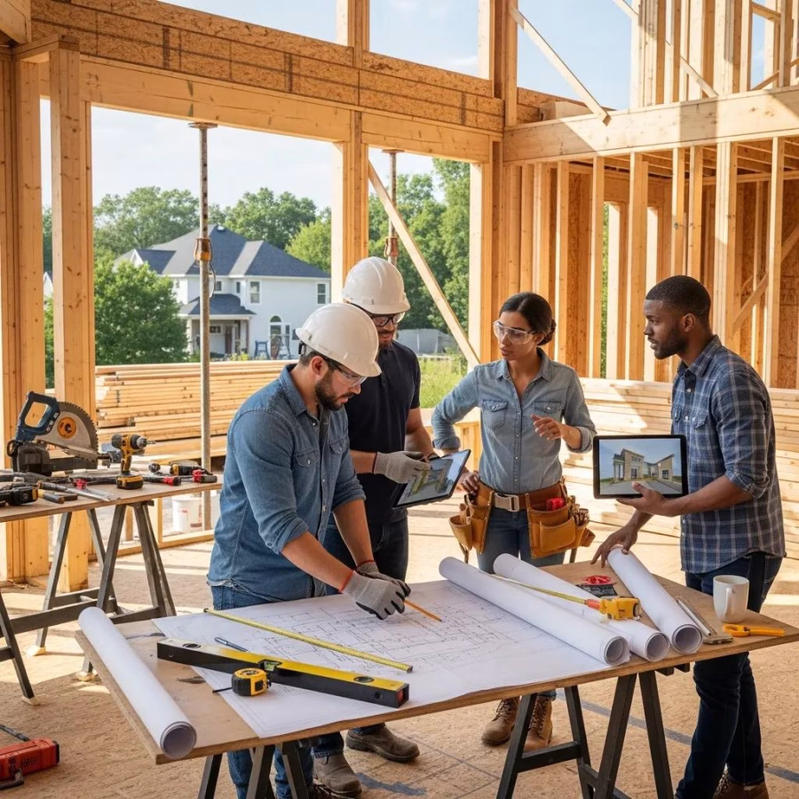 modern home renovation scene in new jersey with construction team collaborating on design build project c0623d20 c5b2 4f4a a903 aa755f9a3aad