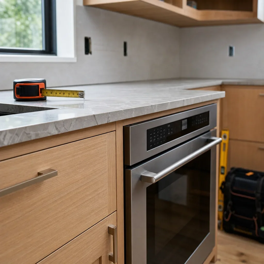 A close-up of cabinetry, stone, and appliance details in a kitchen remodel.