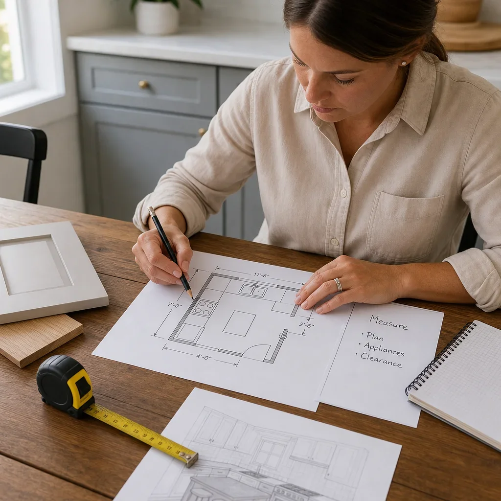 A designer and homeowner reviewing measurements and plans for a 10x10 kitchen renovation.