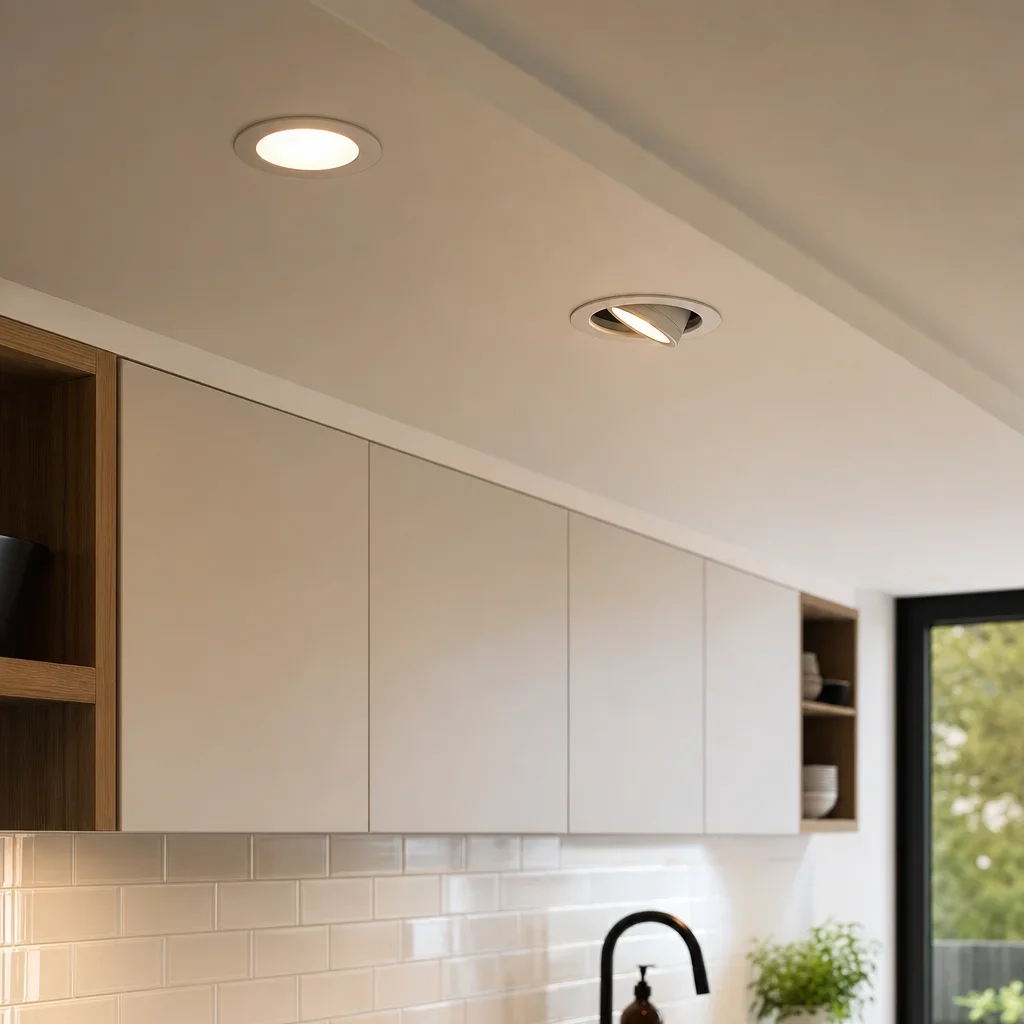 Recessed kitchen lights placed to cover a counter and aim toward a task area.