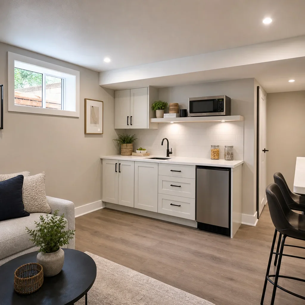 A small basement kitchen with a space-saving one-wall layout.