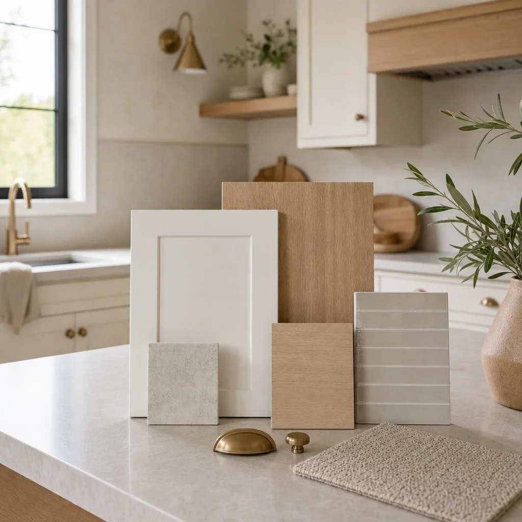 A small kitchen styled with warm, light, low-contrast finishes.