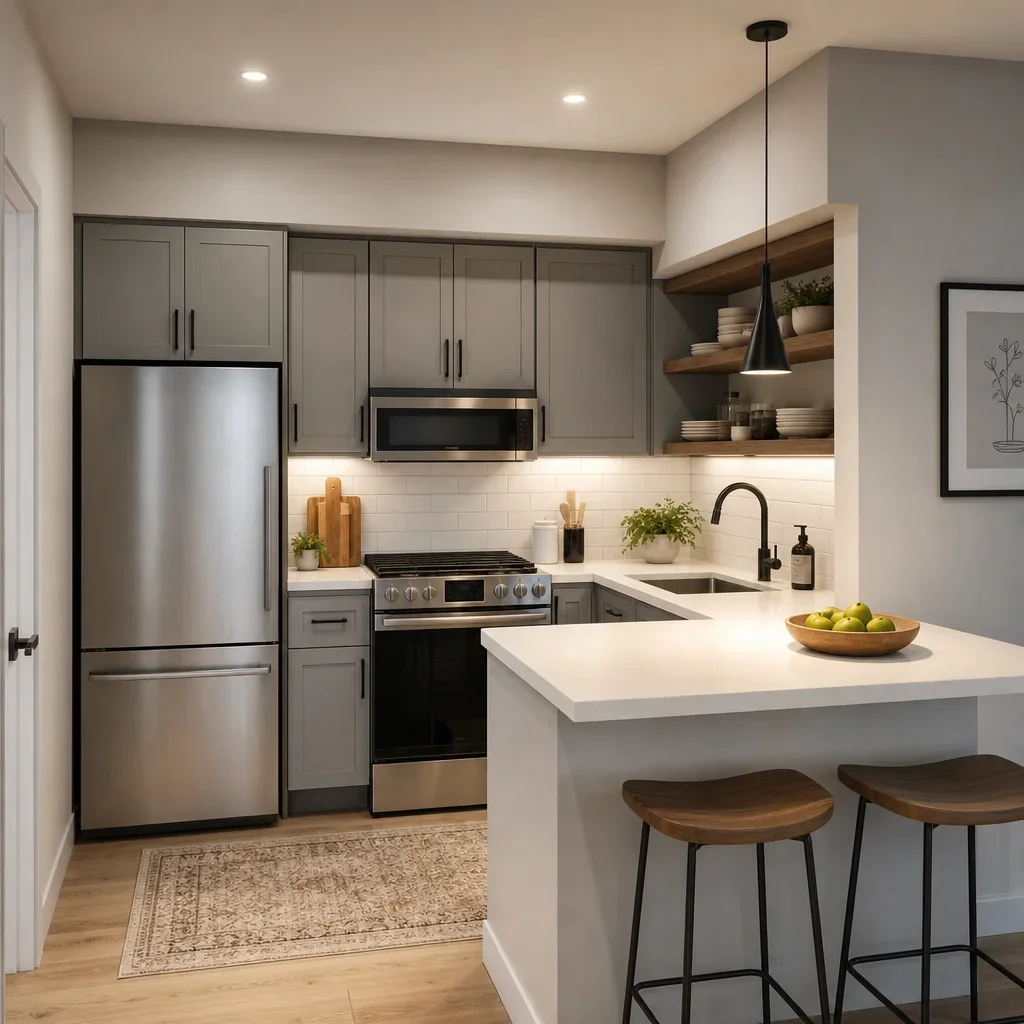 A small kitchen lit with layered ambient and task lighting.