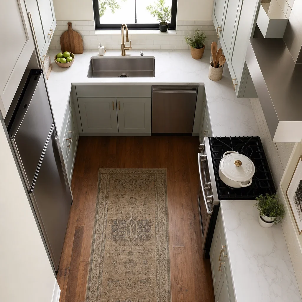 A compact kitchen layout showing circulation and work zones.