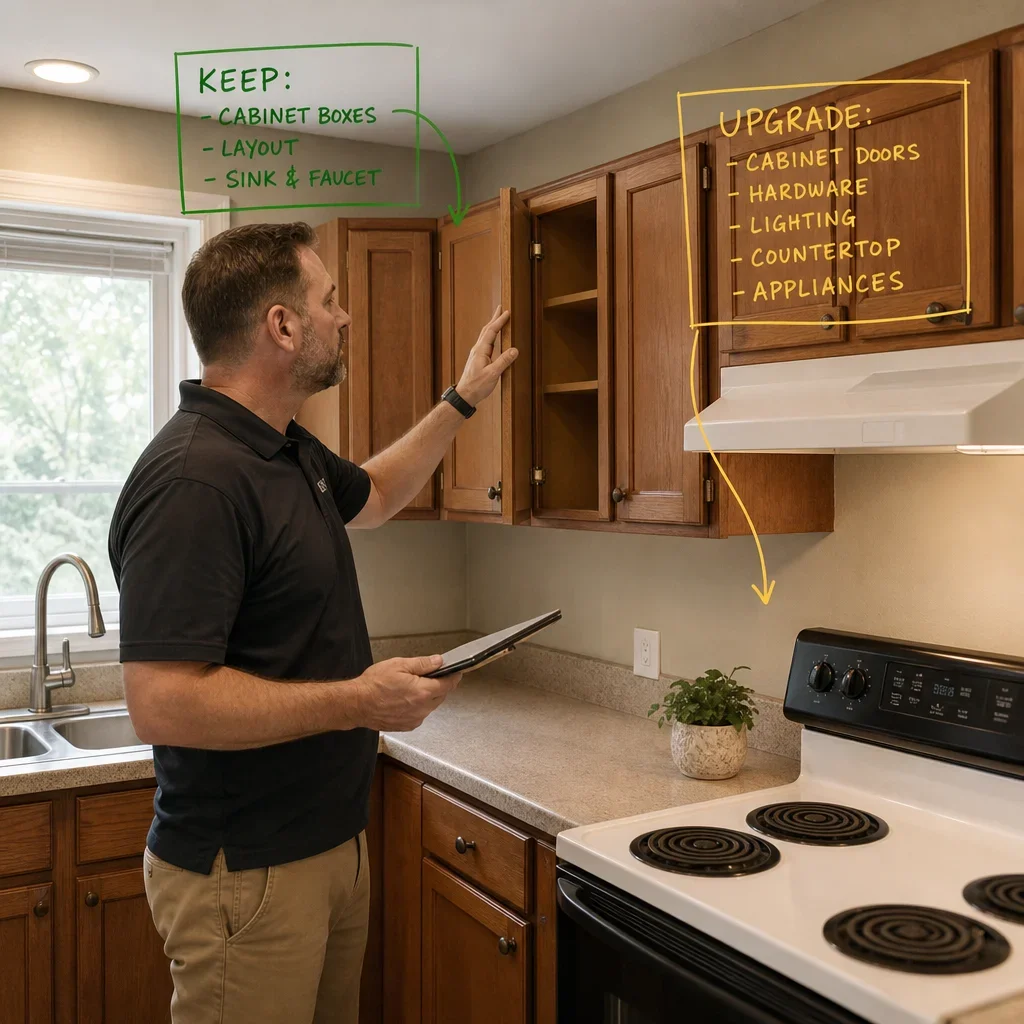 A renovation specialist comparing existing kitchen elements to keep or change.