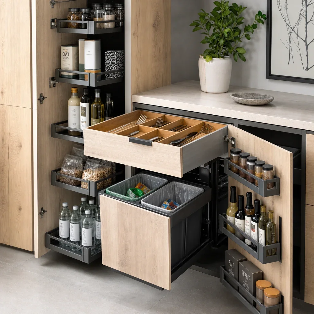An organized small kitchen storage cabinet with pull-outs and dividers.