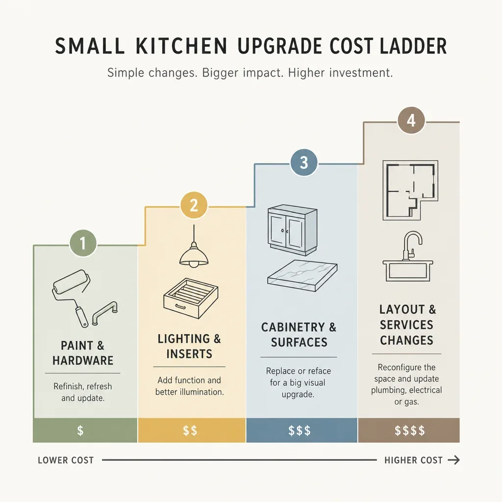 A simple cost ladder showing small kitchen upgrades from lowest to highest.