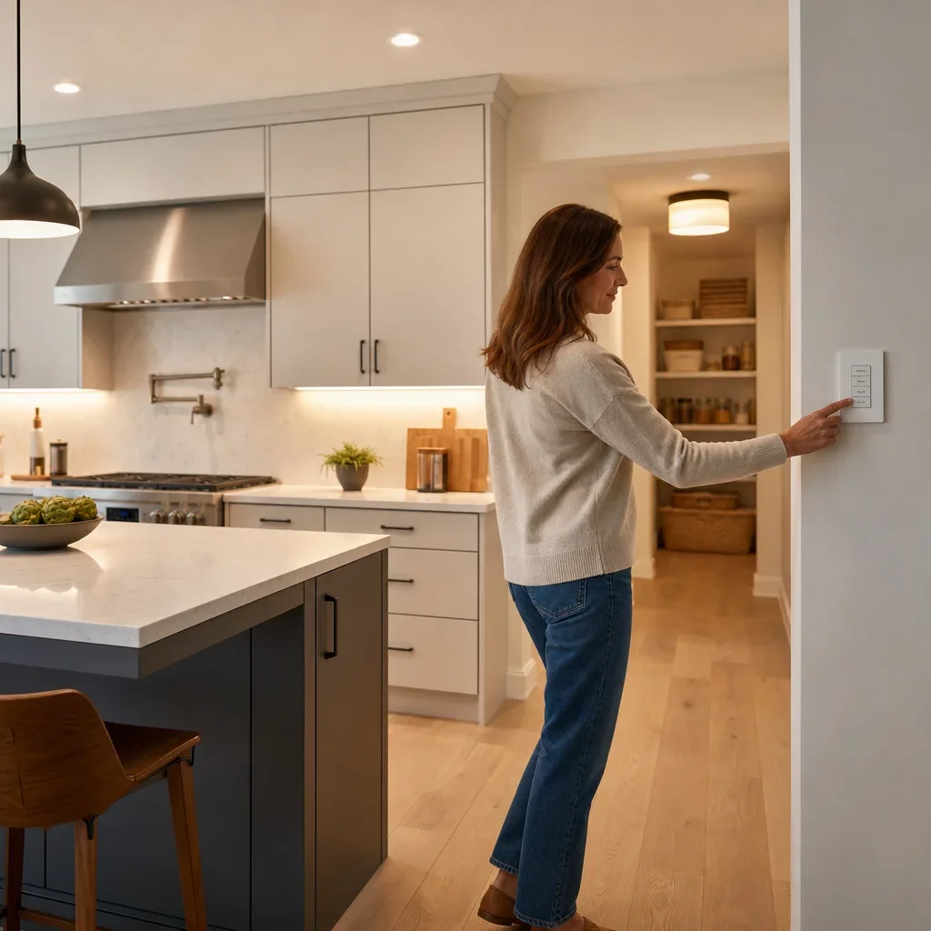 A kitchen with LED lighting, dimmers, and accessible controls.
