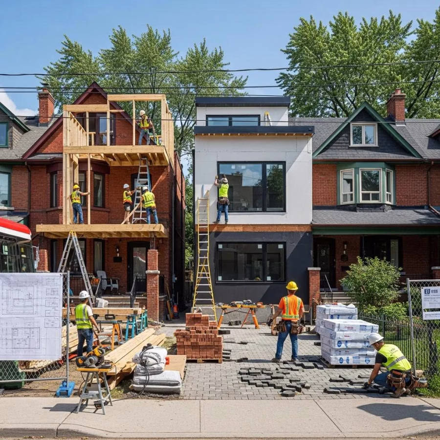toronto residential neighborhood with home renovations in progress showcasing construction workers and diverse architectural styles 0ba6dbba 890a 4625 94f6 5798fb51bc77