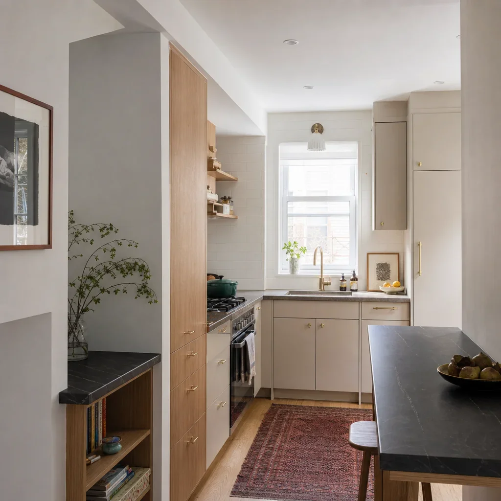 An awkward small kitchen with alcove, window, and custom storage planning.