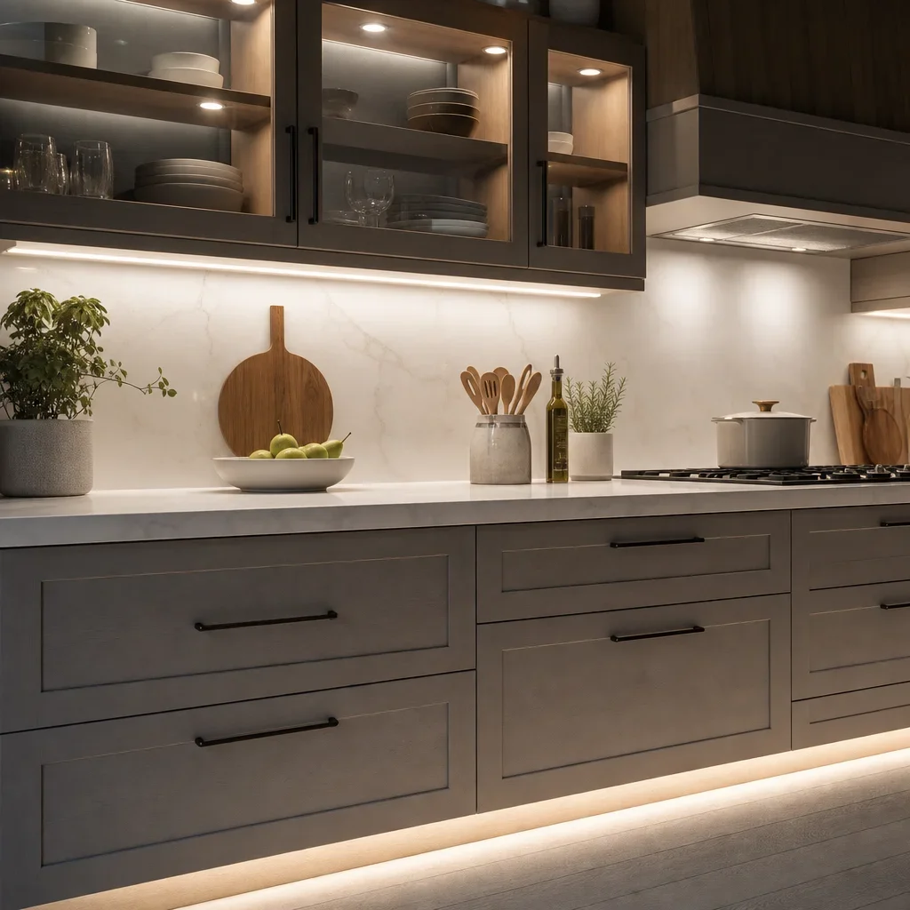 Undercabinet, cabinet, and toe-kick lighting layered in a kitchen.