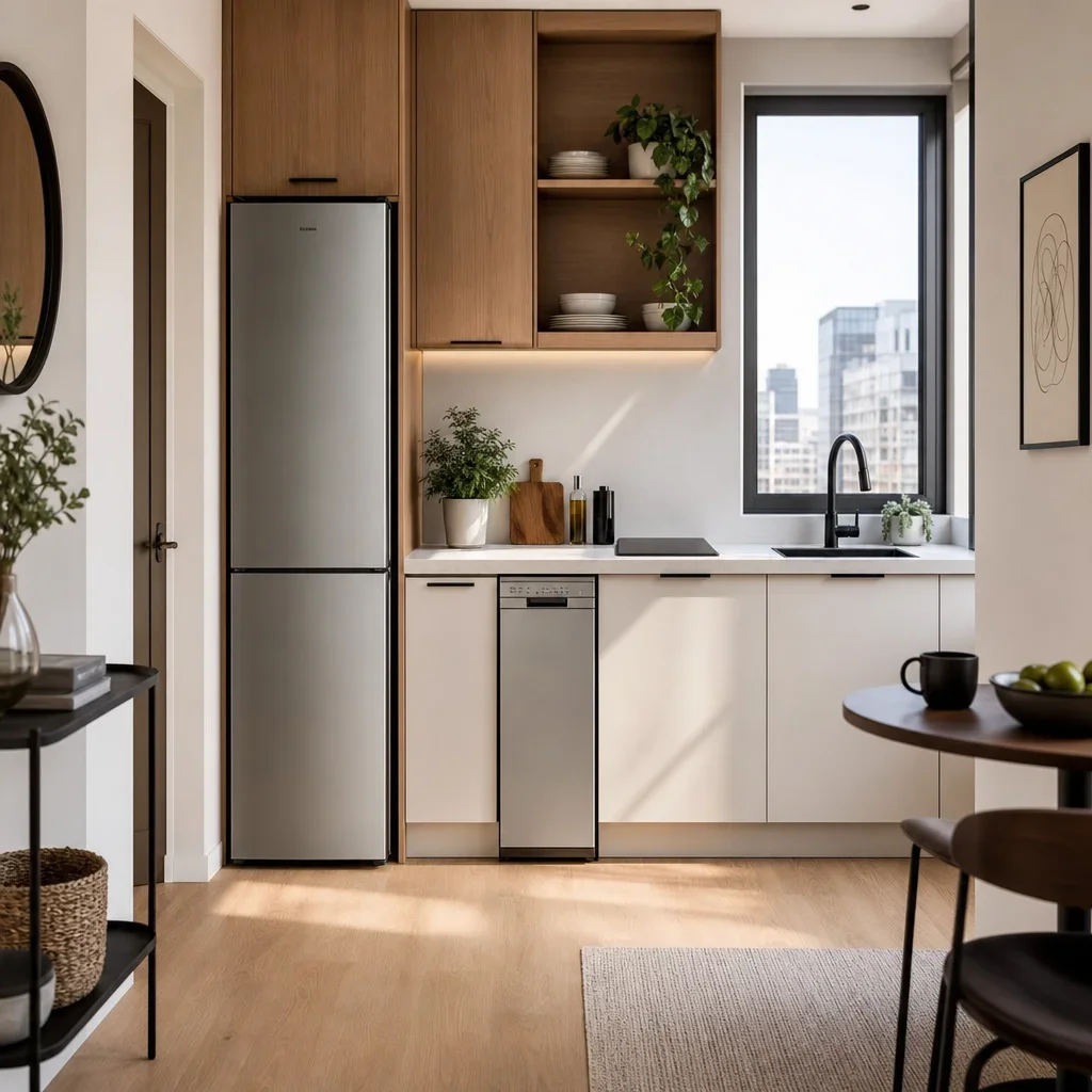 Compact kitchen appliances arranged to save space.