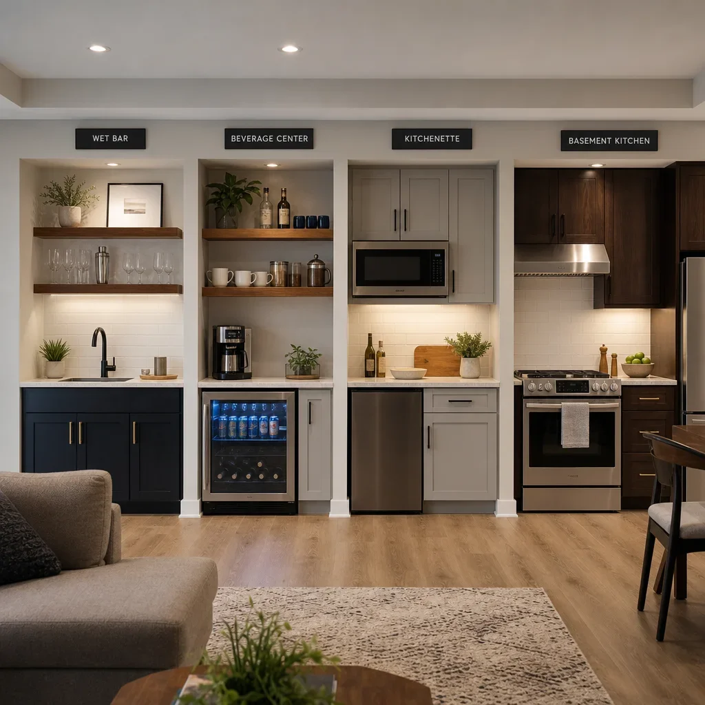 A comparison of wet bar, beverage center, kitchenette, and full basement kitchen setups.