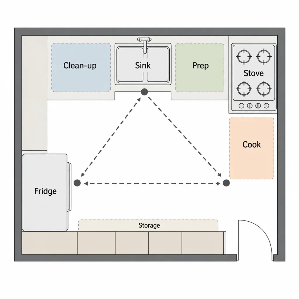 A minimal diagram showing a small kitchen work triangle and functional zones.