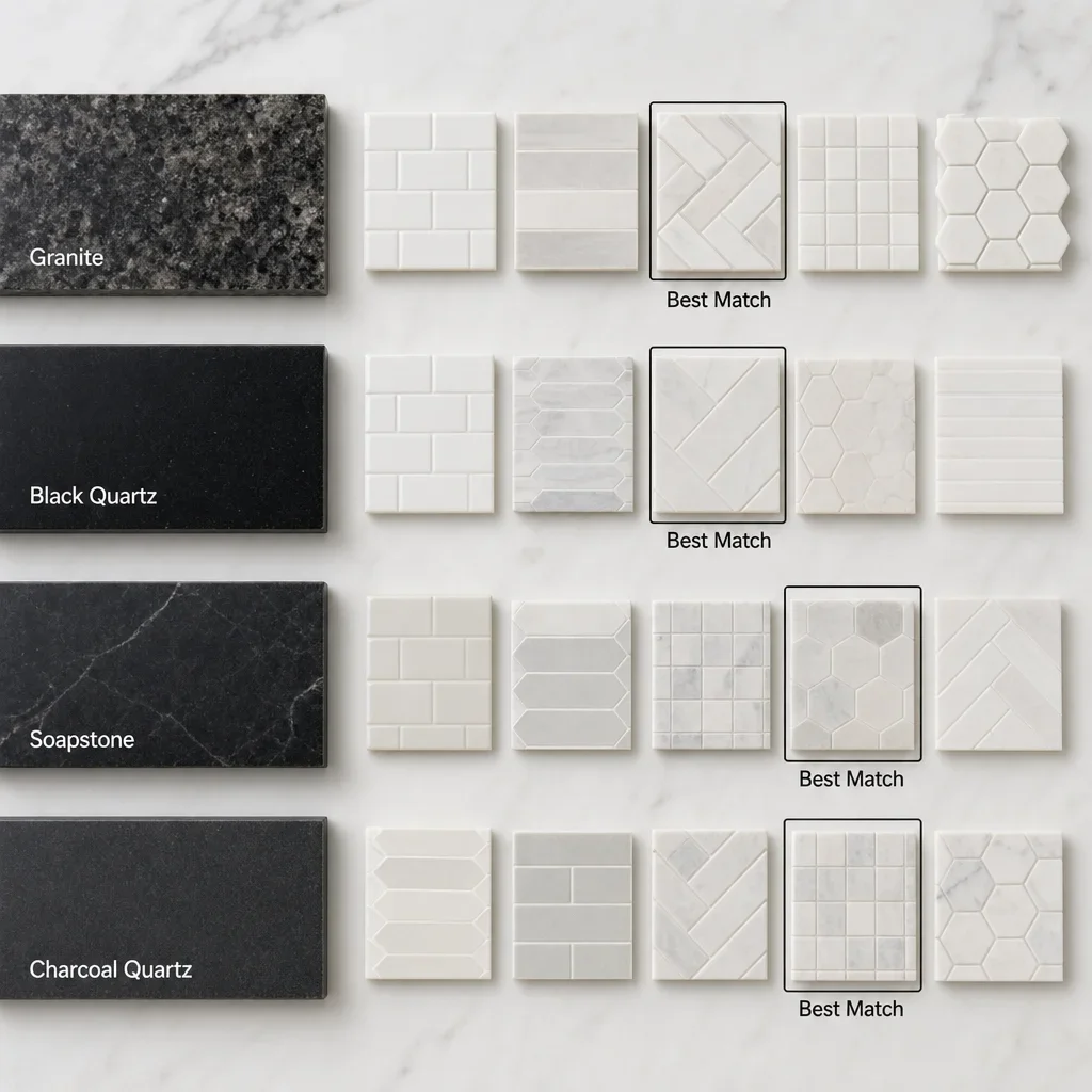 A comparison of backsplash options against different dark countertop types.