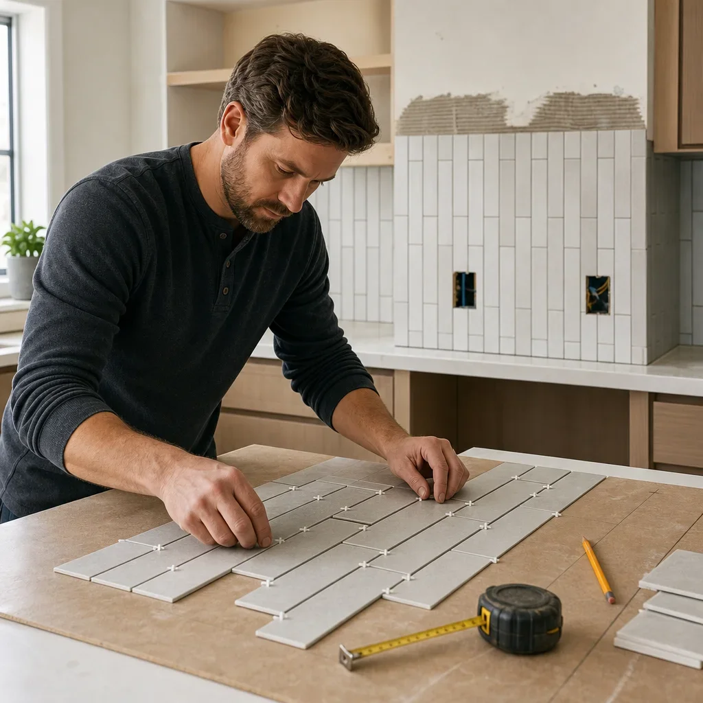Installer planning a backsplash dry layout before installation.