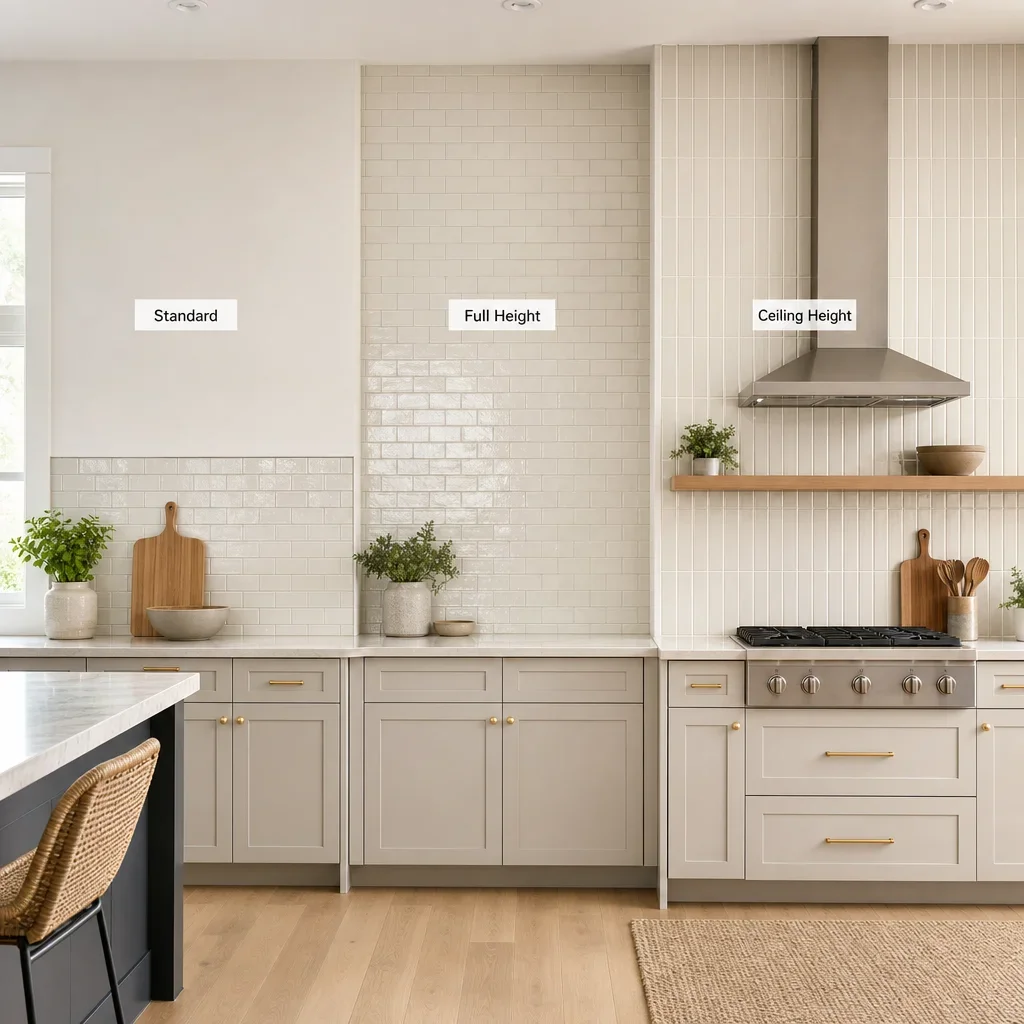 Kitchen wall comparing standard, full-height, and ceiling-height backsplash treatments.