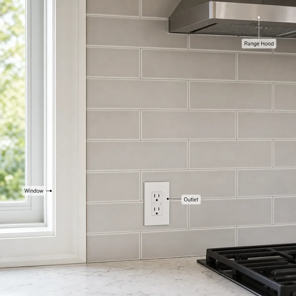 Close-up of backsplash layout details around an outlet, window, and range hood.