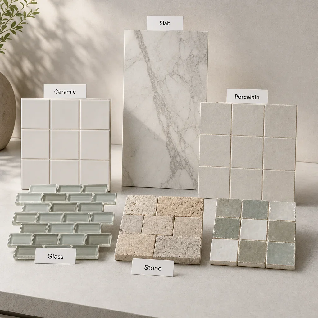 Material samples comparing ceramic, porcelain, glass, stone, zellige-style tile, and slab.