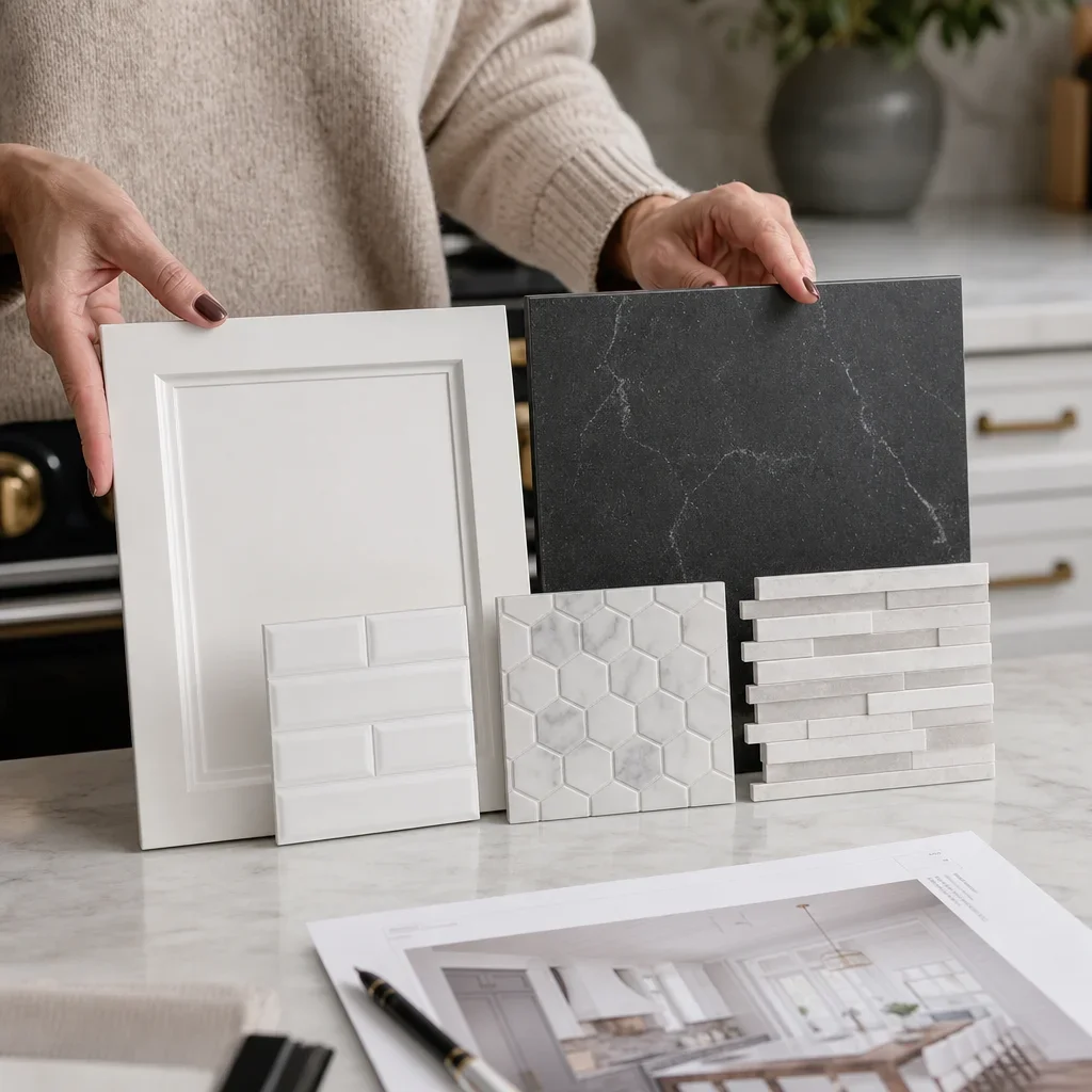 A designer compares cabinet, countertop, and backsplash samples to choose a balanced combination.