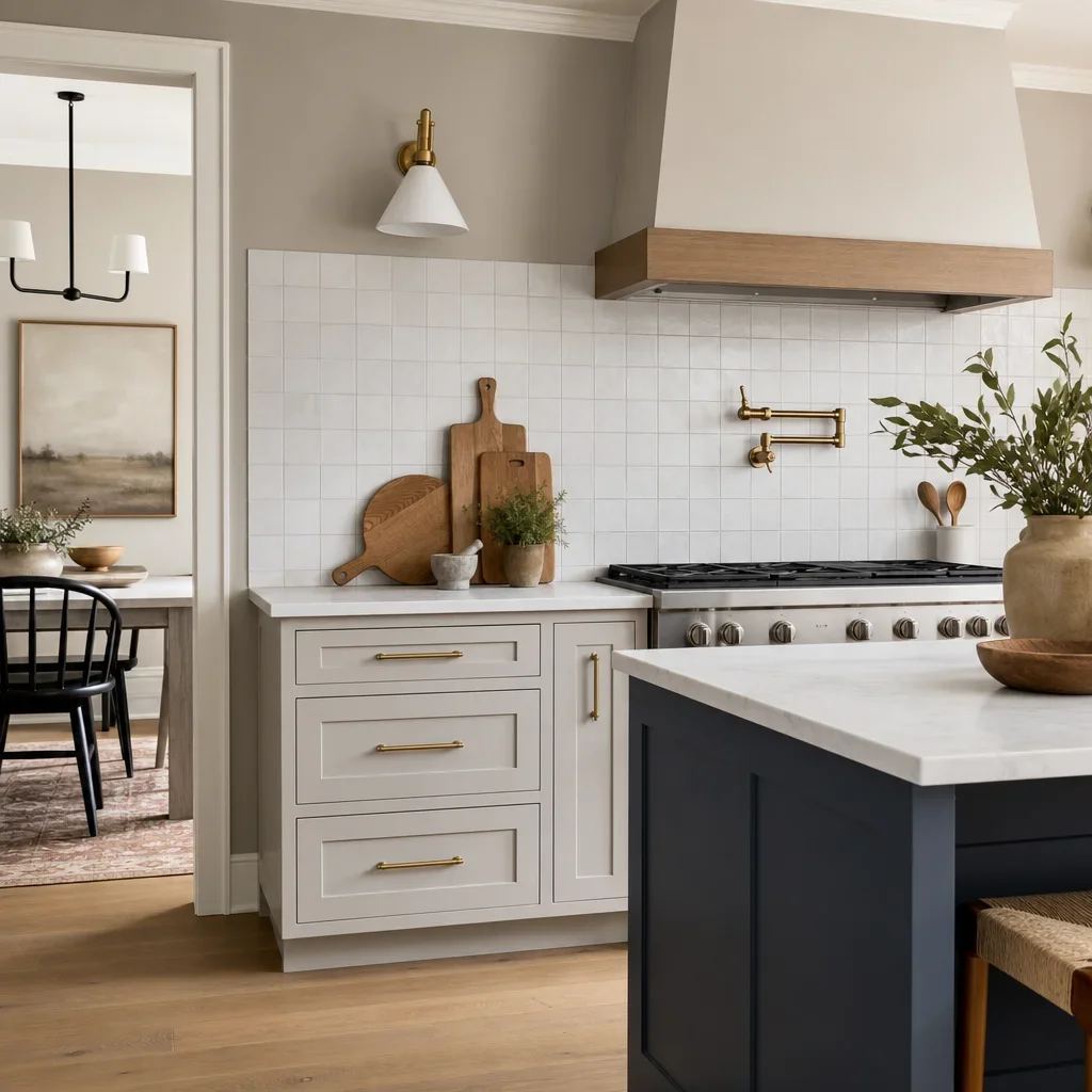 A coordinated kitchen showing how backsplash, flooring, hardware, and island color work together.