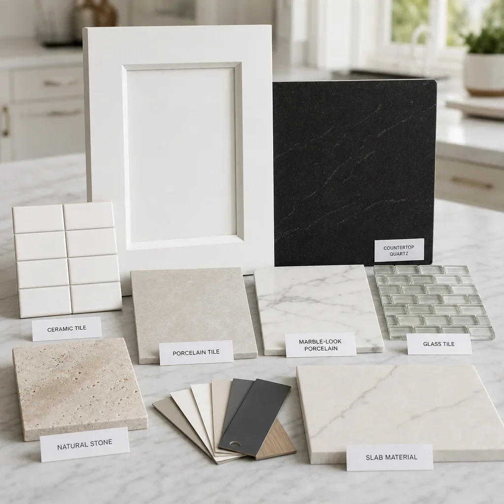 A kitchen material comparison with backsplash samples in different finishes and textures.