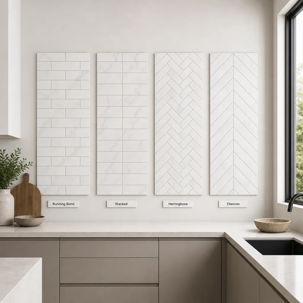 Four-pattern comparison of running bond, stacked, herringbone, and chevron backsplash layouts.