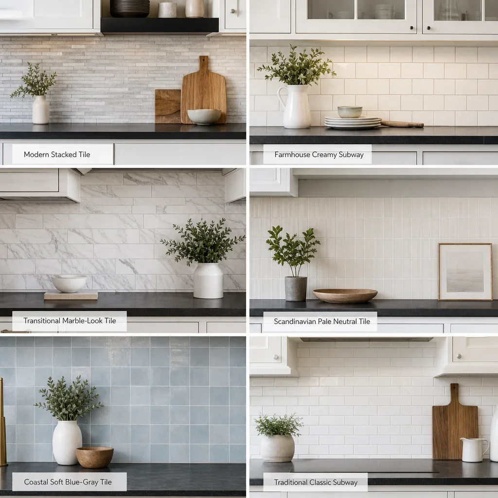 A style board showing backsplash ideas for different kitchen styles.
