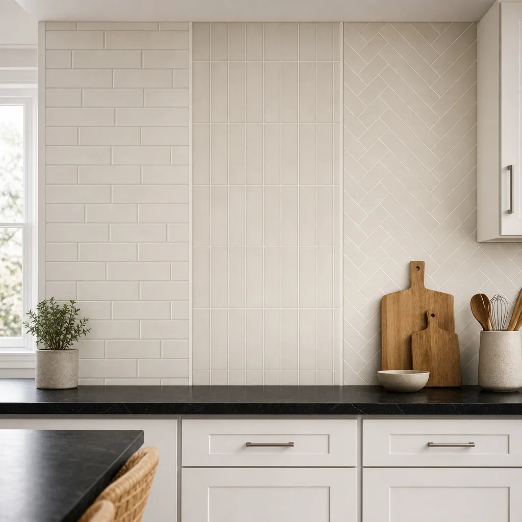 A kitchen backsplash wall showing different tile layout patterns.