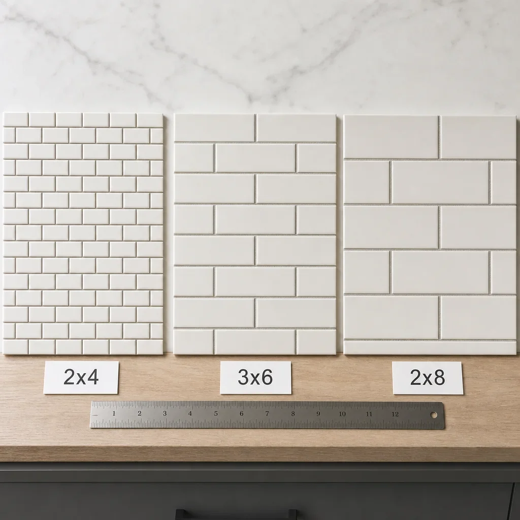 Three running bond backsplash mockups showing different tile sizes.